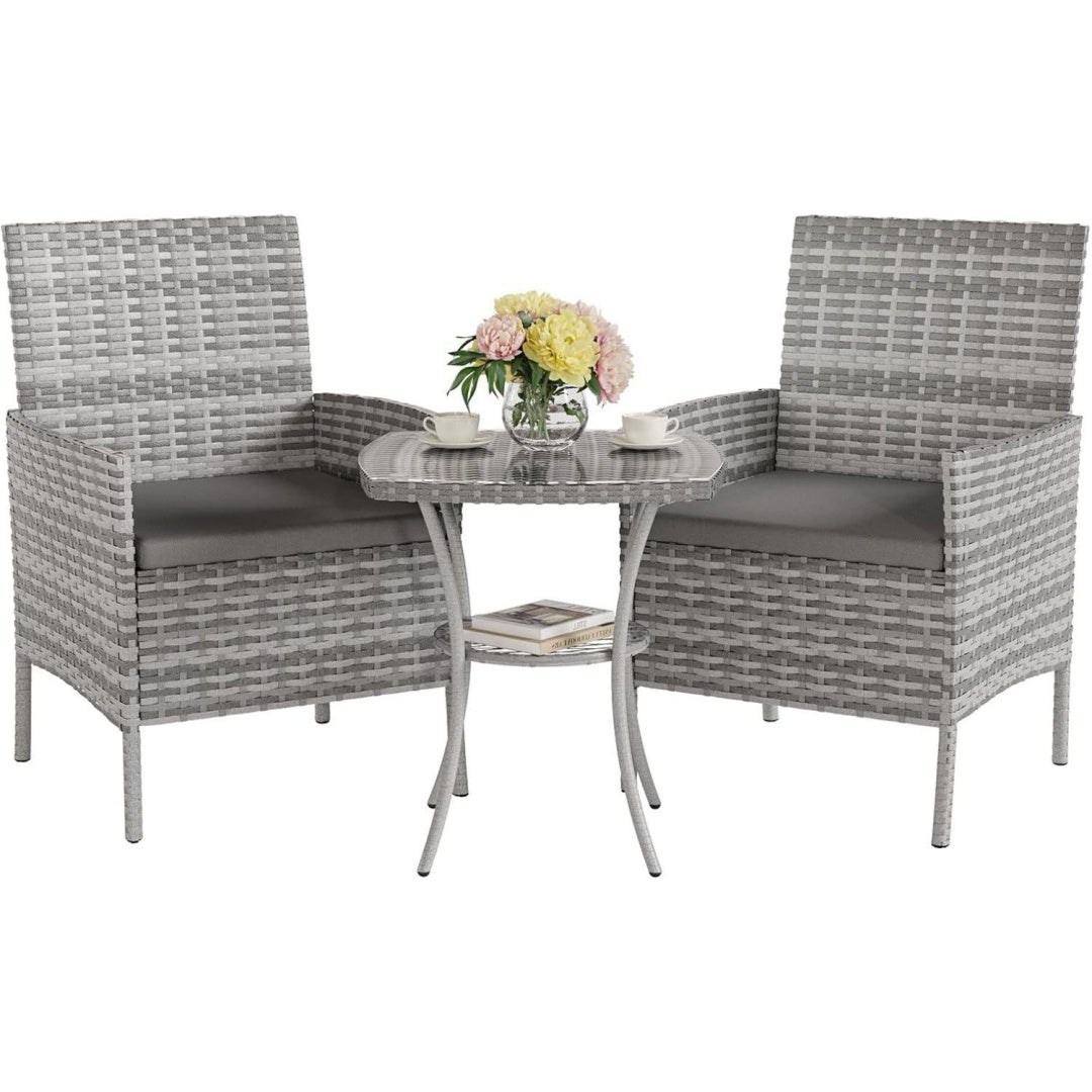 udpatio gartenmoebel set 3-teilige lounge balkonmoebel set mit wetterfeste gartentisch und 2 stuehlen fuer kleiner balkon terrasse und draussen strapazierfaehige polyrattan terrassenmoebel 2 personen grau