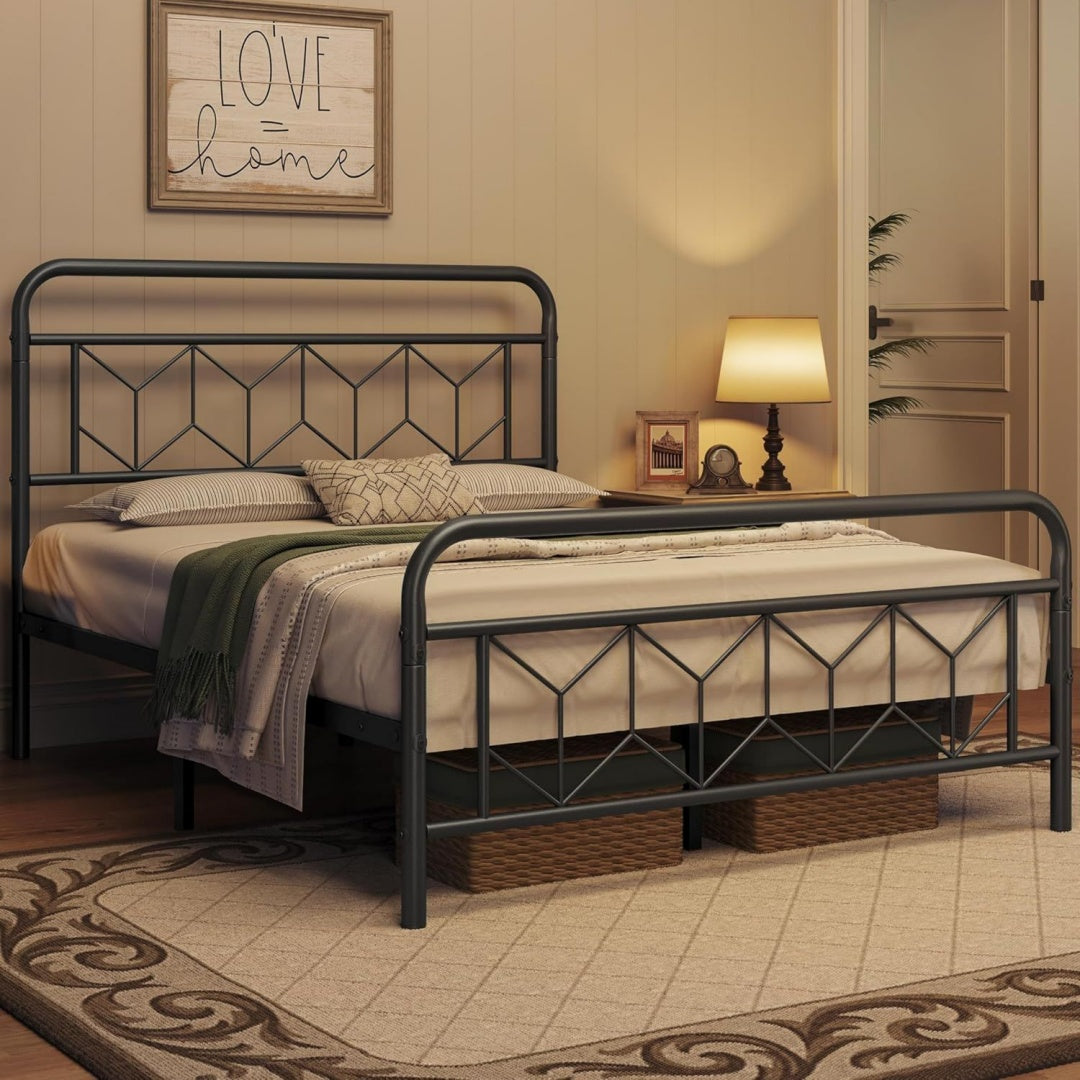 yaheetech metallbett 140 x 200 cm vintage bettrahmen mit hohem kopfteil moderner minimalistischer bettgestell doppelbett mit lattenrost stauraum unter dem bett fuer schlafzimmer schwarz