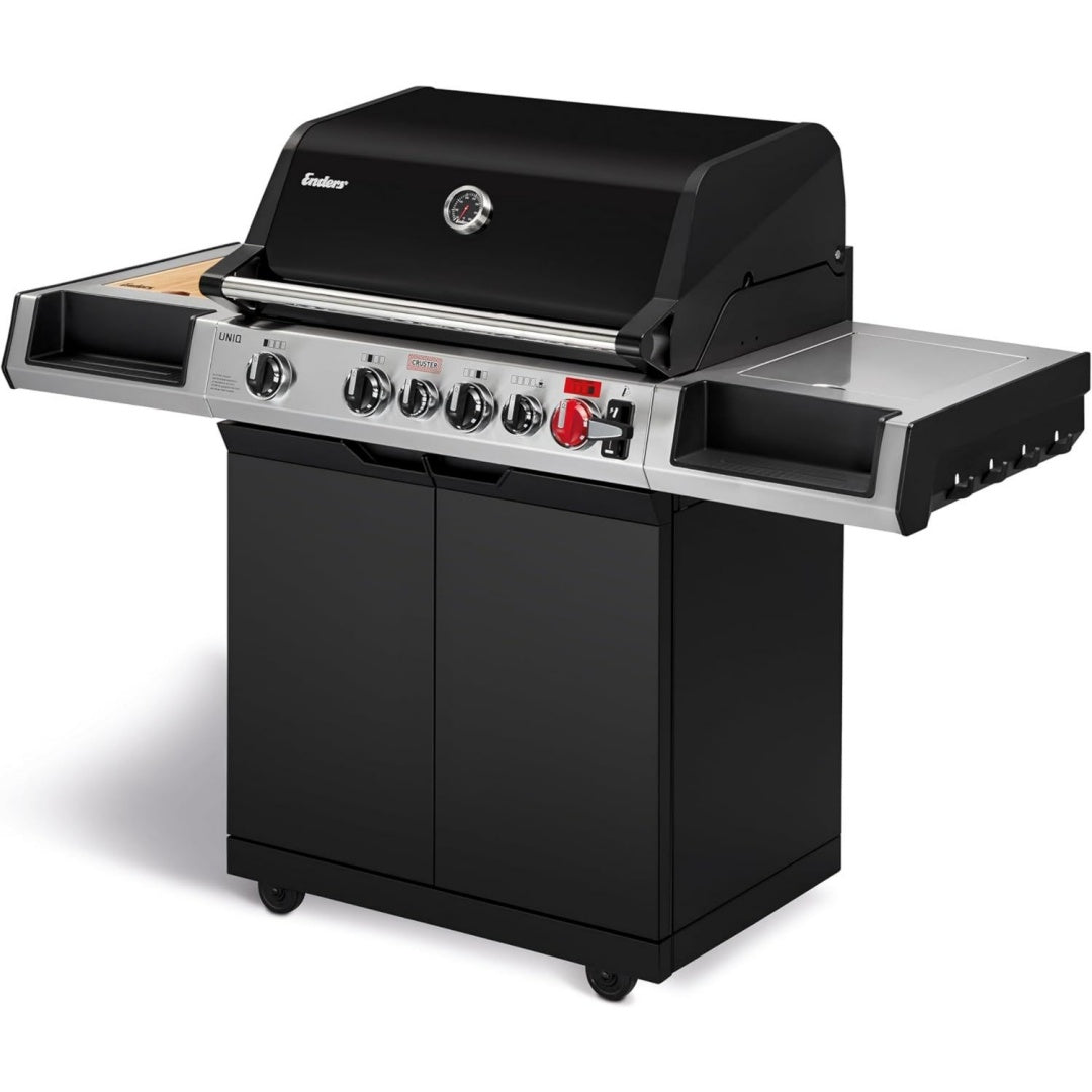 gasgrill uniq 4 ik cruster 4-edelstahlbrenner mehrstufige drehregler 800 c turbo zone switch grid heat range simple clean doppelwandige garhaube gn container bambusbrett 8702