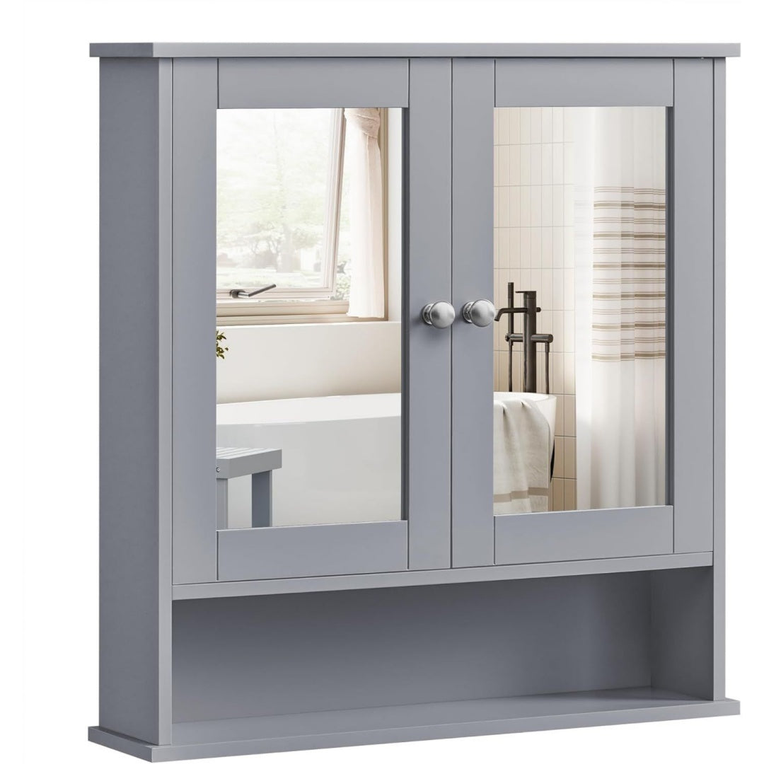 spiegelschrank mit 2 spiegeltueren und offenem fach wandmontage badschrank wandschrank haengeschrank verstellbare ablage 13 x 565 x 585 cm taubengrau siren kollektion lhc002g02