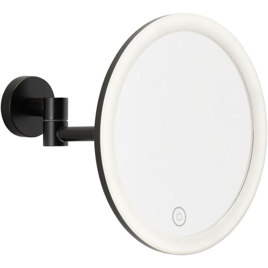 tesa visioon led-kosmetikspiegel - kabelloser schminkspiegel mit dimmbarer beleuchtung - touch control integrierter akku 5-fache vergroesserung gelenkarm - wandmontage ohne bohren - 18 cm - schwarz
