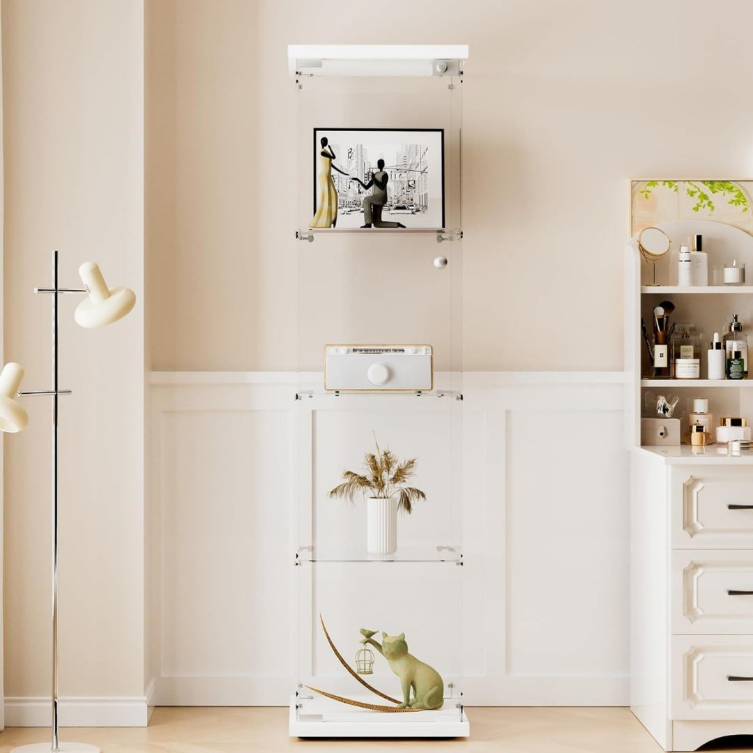 glasvitrine in weiss 164 x 425 x 365 cm modern vitrinenschrank mit 4 boeden aus esg fuer kueche flur wohnzimmer buero zur aufbewahrung von sammlerstuecken buechern weinen