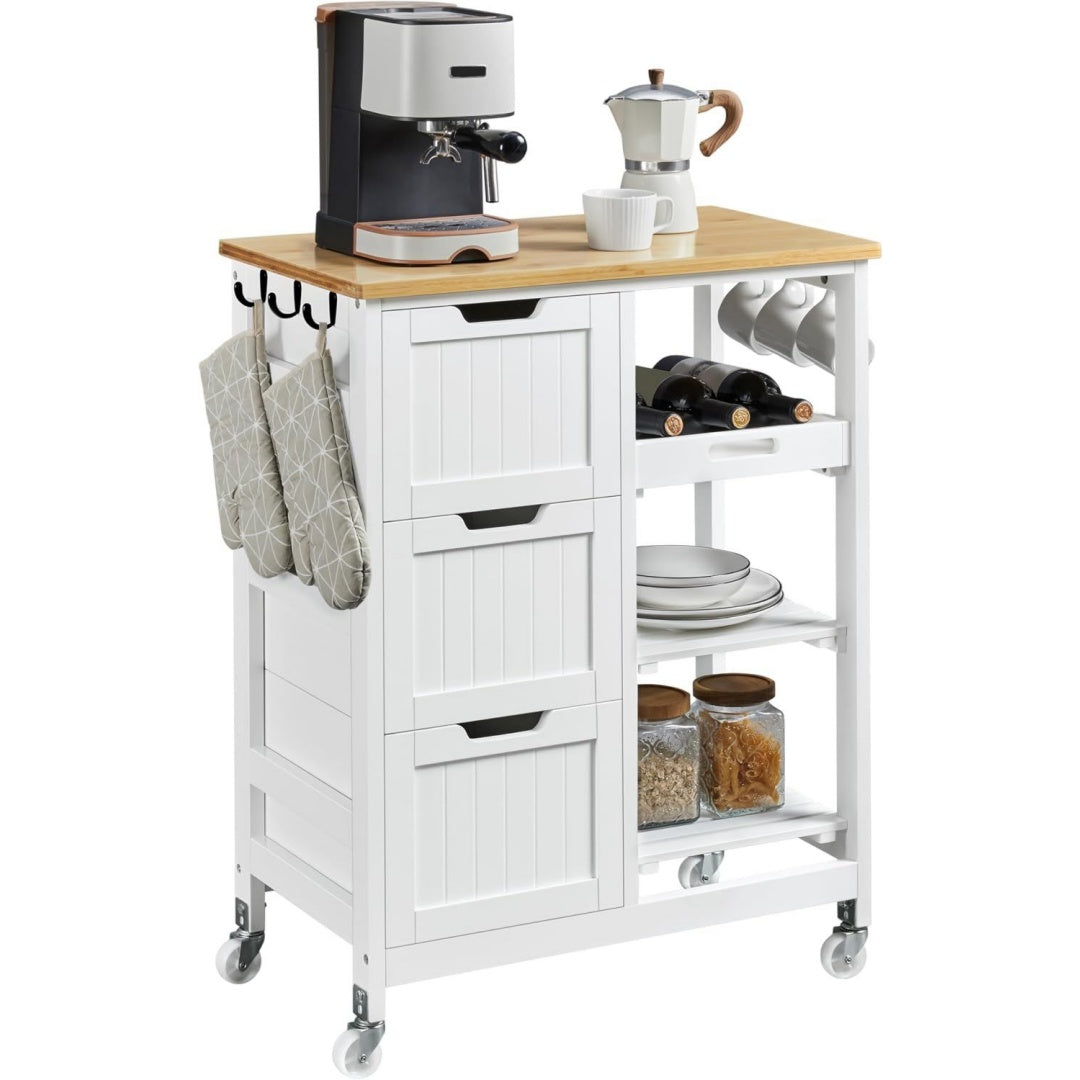 yaheetech servierwagen mit 3 schubladen 67x37x845 cm weiss rollwagen mit bremsen fuer kueche 3 ablagefaecher vielseitig fuer esszimmer buero
