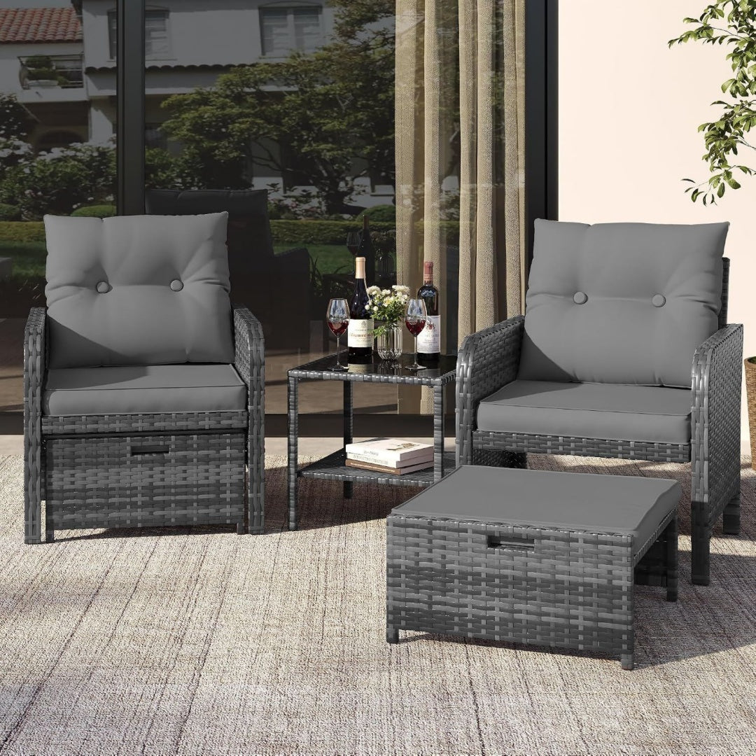 amopatio 5-teiliges polyrattan gartenmoebel set rattan lounge set mit 2 hockern und glastisch wetterfestes garten sofa set mit sitzkissen fuer garten terrasse balkon grau