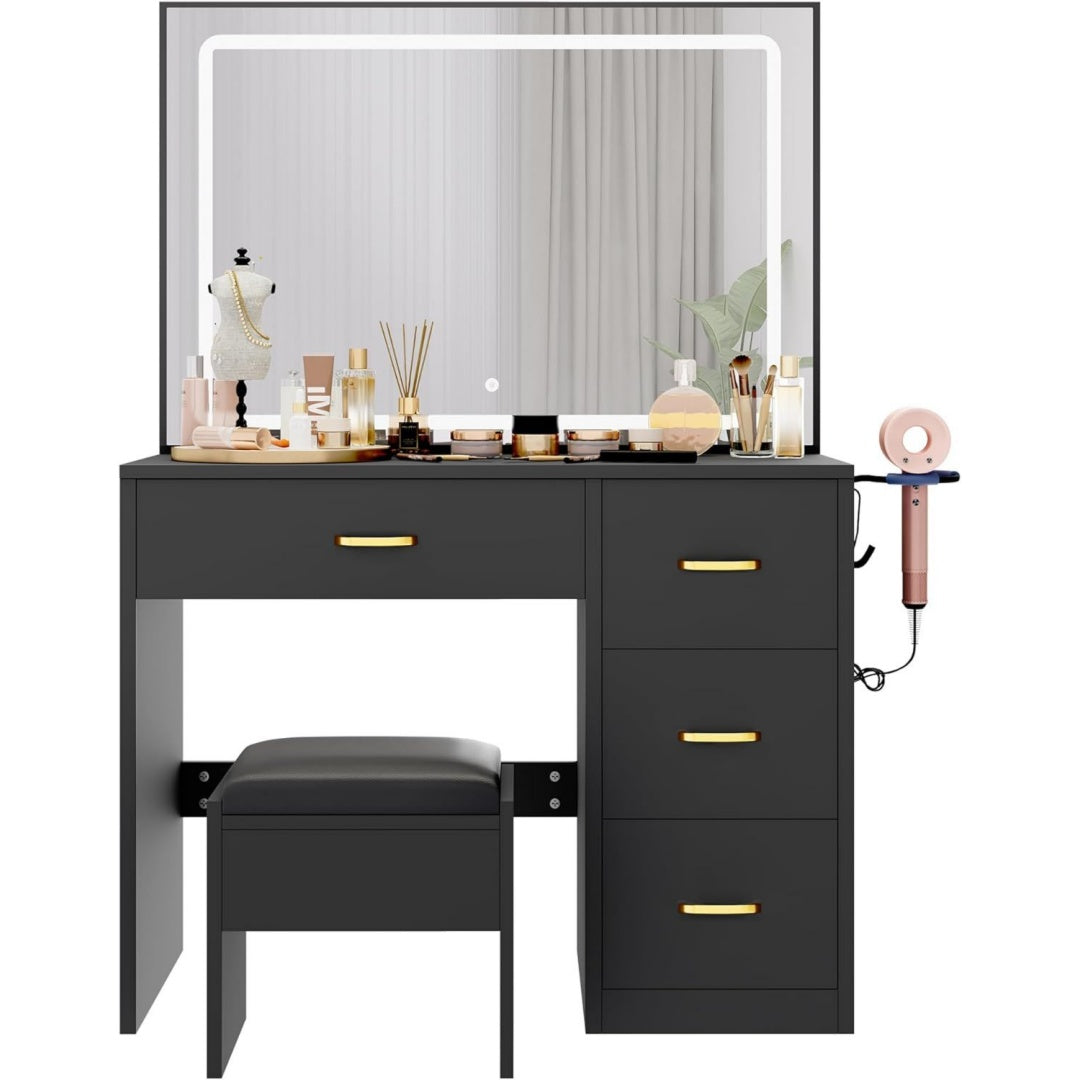 yitahome schminktisch mit spiegel kosmetiktisch mit 4 schubladen beleuchtung steckdose schwarz make up tisch frisiertisch kosmetiktisch vanity table