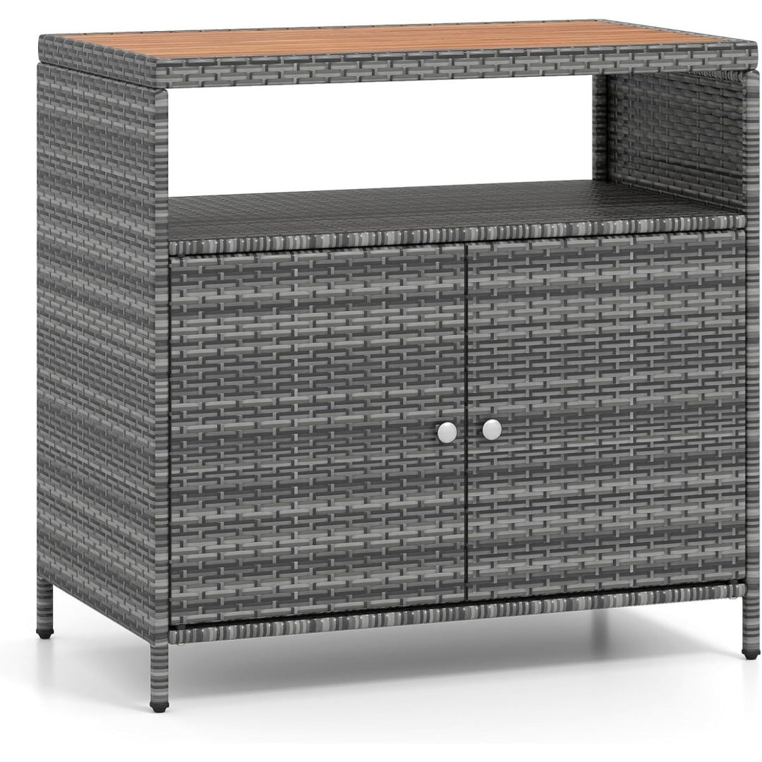 gartenschrank rattan terrassenschrank outdoor schrank wetterfest sideboard mit akazienholz-arbeitsplatte offenem fach und doppeltuer fuer garten terrasse balkon 90 x 53 x 86 cm grau