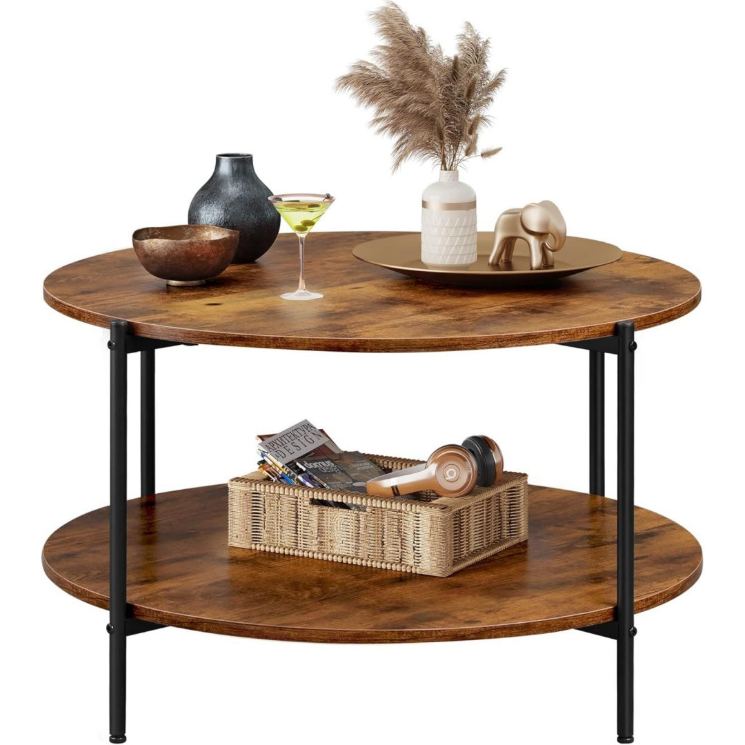 wlive couchtisch rund mit 2 ebenen wohnzimmertisch holz stubentisch mit metallrahmen fuer wohnzimmer schlafzimmer modern design vintagebraun-schwarz