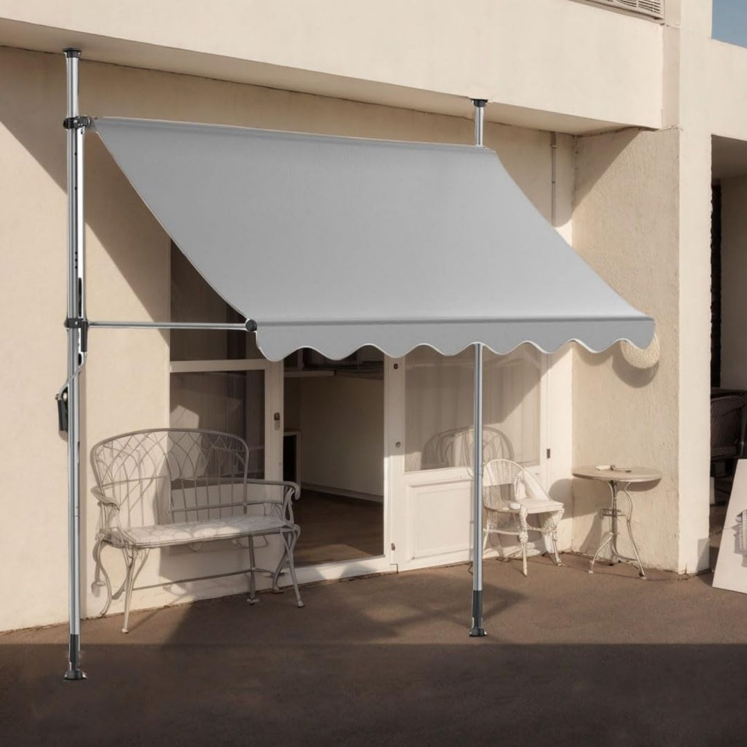 klemmmarkise 250cm breit balkonmarkise mit handkurbel sonnenschutz ohne bohren uv-bestaendig wasserdicht hoehenverstellbare markise fuer balkon terrasse garten hellgrau250x120cm
