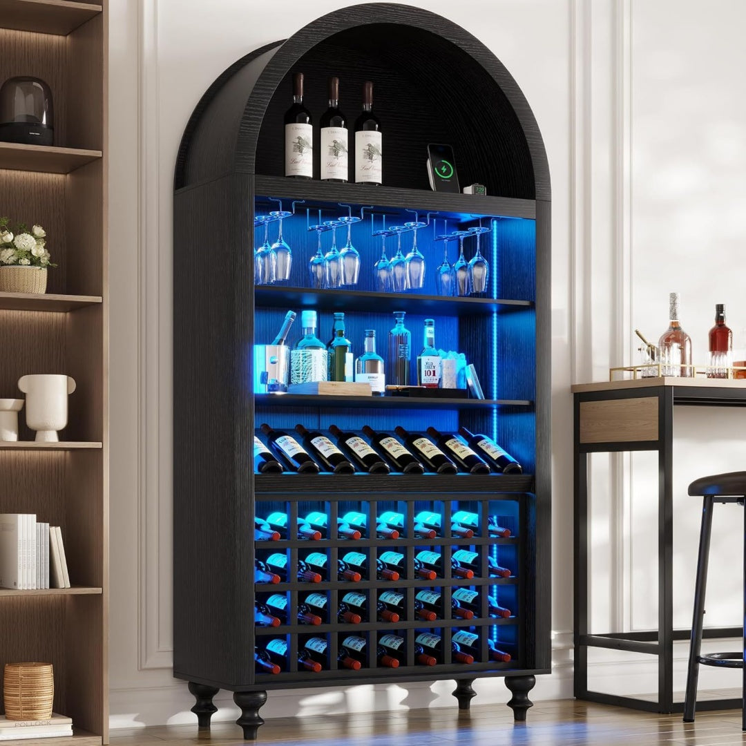 zkiodv bogen weinschrank mit beleuchtung 180 x 90 x 38 cm schwarz 4 ebenen weinschrank mit ladefunktion led wein vitrine mit glashalter flaschenregal weinschrank holz fuer kueche esszimmer