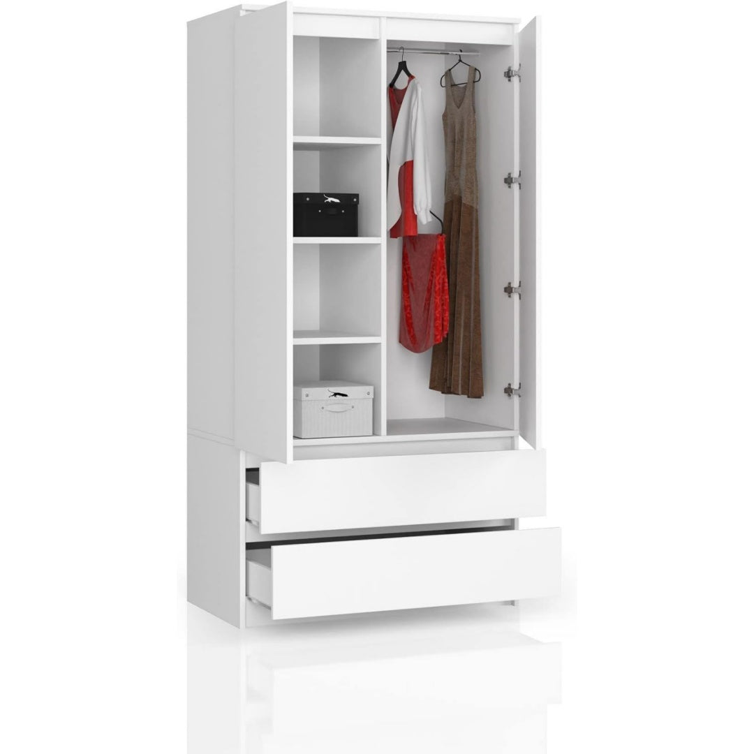 kleiderschraenk 2 tueren 4 einlegeboeden kleiderstaender 2 schubladen mehrzweckschrank schubladenschrank garderobenschrank fuer schlafzimmer wohnraeume 180x90x51cm weiss
